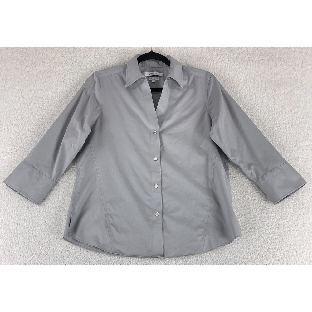 Foxcroft Button-Up Shirt Womens Medium Gray Non Iron Stretch 3/4 Sleeve Cotton